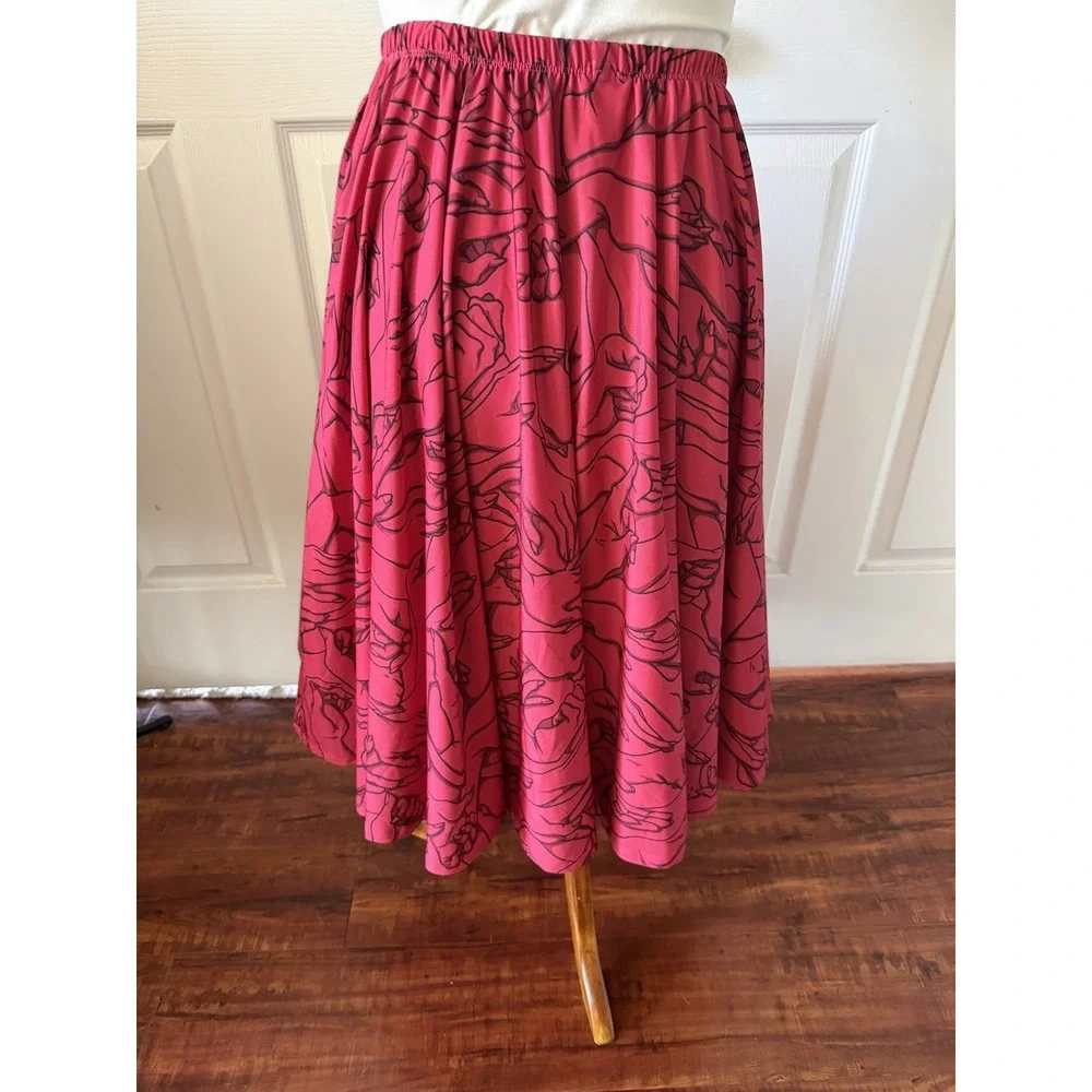 Maya Kern Hands Skirt L XL Red Black Circle Midi Pockets Elastic Waist Retro